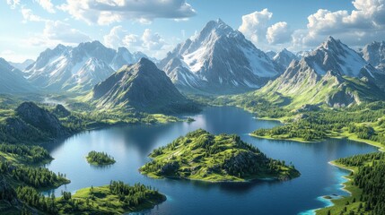 Natural ecosystems including lakes, mountains, and oceans, detailed view.