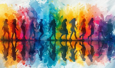 The essence of Holi festival unfolds with joyful silhouettes dancing amidst vivid splashes of color, embodying the spirit of spring and unity in a captivating watercolor depiction