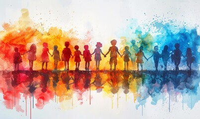 A lively gathering of children holding hands, celebrating Holi with vibrant colors splashed across a white background, capturing the spirit of joy and togetherness