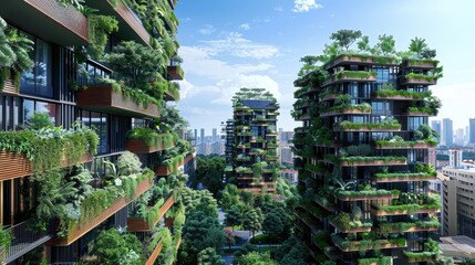 Obraz premium Urban Jungle Oasis - Panoramic Cityscape with Green Facades and Biophilic Design Elements