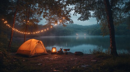 Spending leisure time camping outdoors in cozy shelters.
