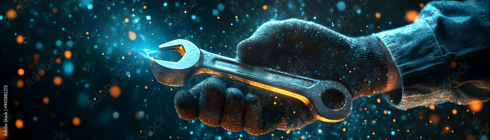 Poster person with magic tools and floating wrenches concept as a person holding magic tools with floating 