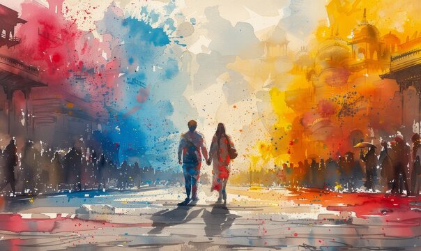 Capturing the essence of Holi, two figures embrace the spirit of the festival as colorful powders fill the air amidst a jubilant crowd celebrating love and unity