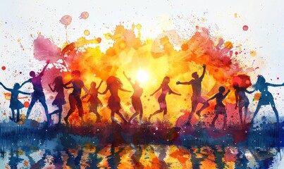 A lively group of silhouetted figures joyfully dances amid an explosion of colors, capturing the spirit of the Holi festival at dawn, where joy and love fill the air
