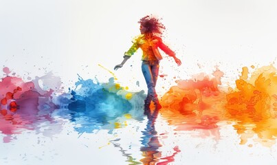 A joyful figure dances through a burst of colors, embodying the spirit of Holi. The watercolor style captures the vibrancy of spring festivities and the essence of unity