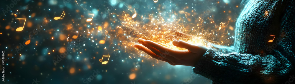Poster person with magic microphone and floating music notes concept as a person holding a magic microphone