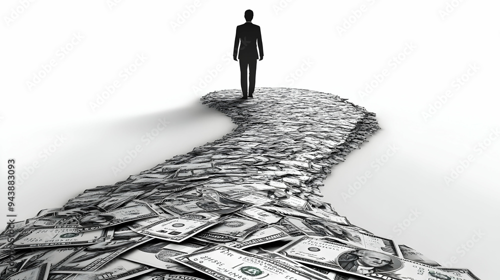Poster 3d icon person walking on money path concept as a person walking on a path made of money with a clea