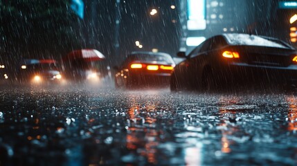 Rainy city street at night with cars in motion, reflecting neon lights, creating an urban ambiance with a dramatic, cinematic feel.