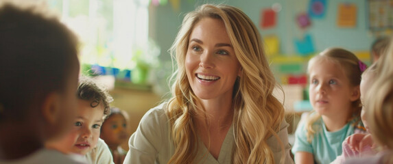 A woman sits before a group of children in a classroom