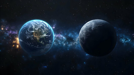 Naklejka premium Earth and a moon-like celestial body against a backdrop of stars and nebula.