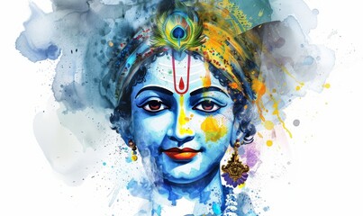 A colorful digital illustration captures the essence of Krishna Janmashtami, showcasing Lord Krishna amidst a blend of watercolor hues, evoking joy and celebration of this auspicious festival