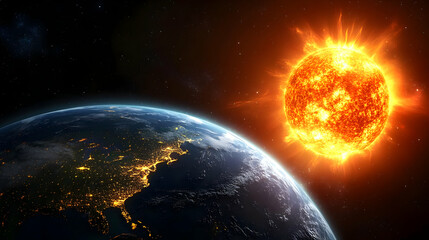 Obraz premium Earth and the sun in a vast, starry space.
