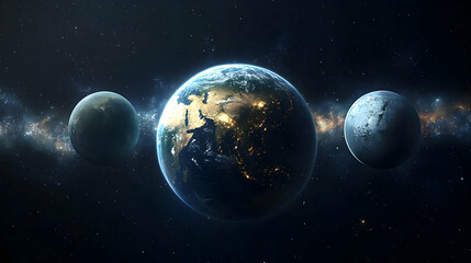 Earth and two other planets in space, with stars and a galaxy in the background.
