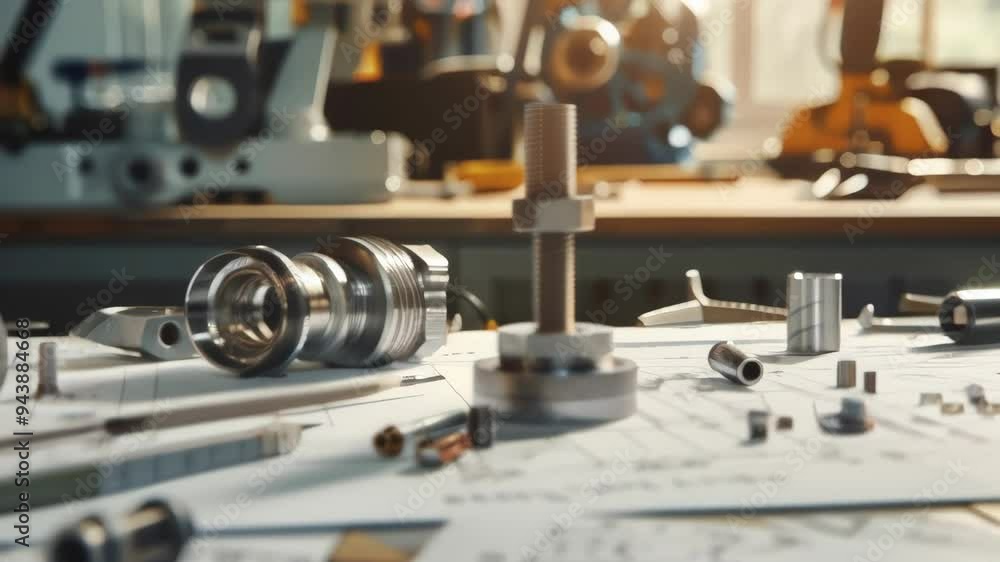 Poster mechanical engineering workspace with tools, blueprints, and metal components laid out on a workbenc