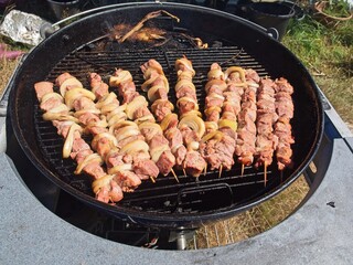 Shish kebab on a wooden skewers on a charcoal grill