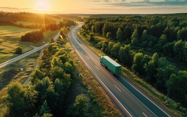 Aerial view of green truck on highway road in summer landscape with forest and fields at sunset
