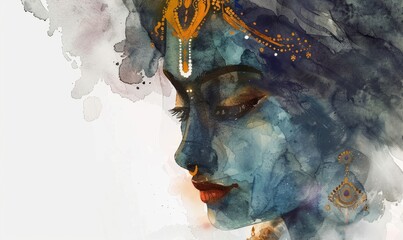 Lord Krishna is beautifully illustrated with a peaceful expression, adorned in radiant jewelry, as dark clouds form a captivating backdrop that enhances the ethereal quality