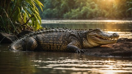 A majestic crocodile basking in the golden sunset