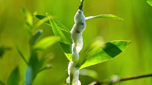 Foam from a foam cicada blows on the leaves of a willow in Magdeburg - Saxony Anhalt - Germany - Europe