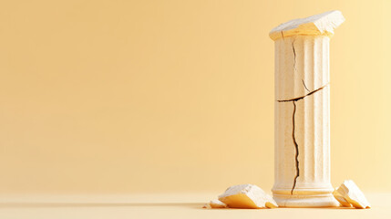 Cracked ancient column on a soft yellow background, symbolizing decay and the passage of time with scattered debris around it