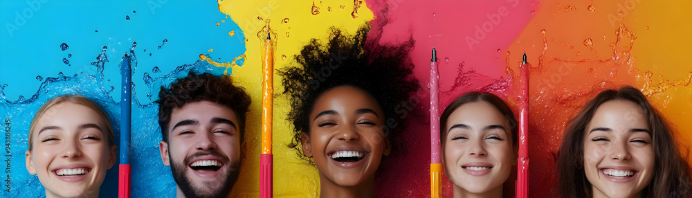 Aufkleber people with floating pens and joyful faces concept as a group of people using floating pens with joy