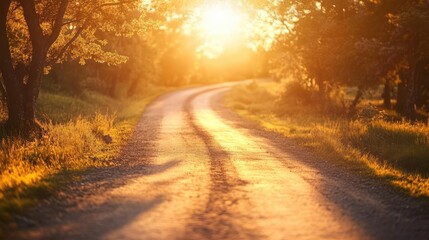 A road for safe travels with mountains, clouds, and trees in the background and a sun in the sky