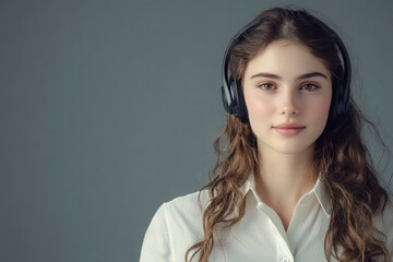 Smiling customer service representative posing on photo background. Call center service. Cheerful and friendly, accessible and reliable.