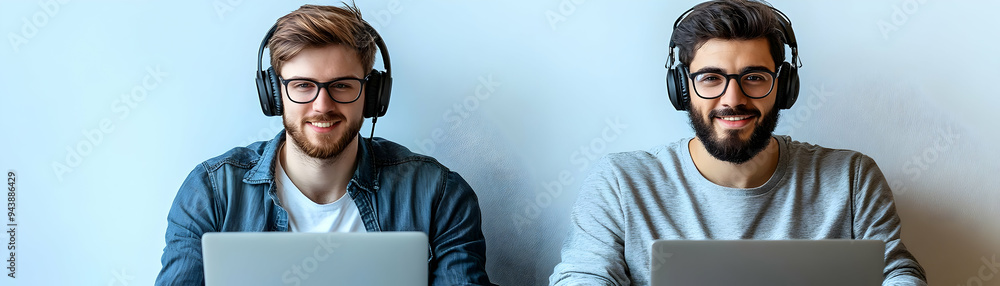 Poster two it support specialists with laptops and headsets concept as two it support specialists using lap