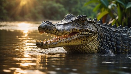 A majestic crocodile basking in the golden sunset