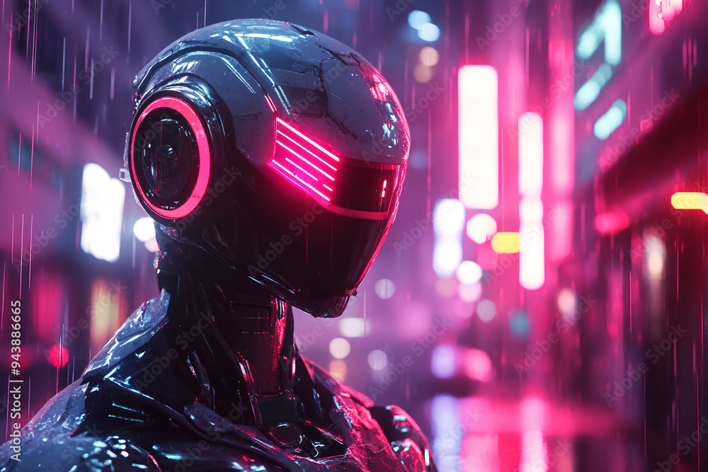 Poster a robot with a red helmet stands in front of a neon sign