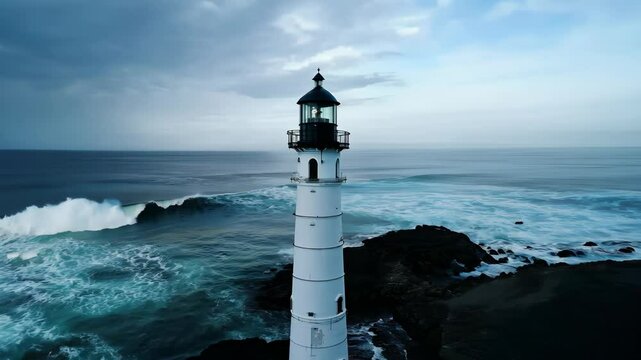 Majestic lighthouse standing tall on rocky coastline during cloudy day
