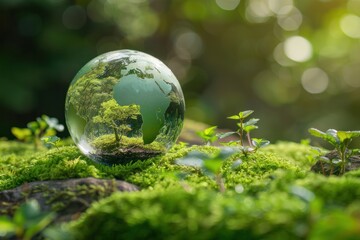 A glass globe with a green earth inside of it