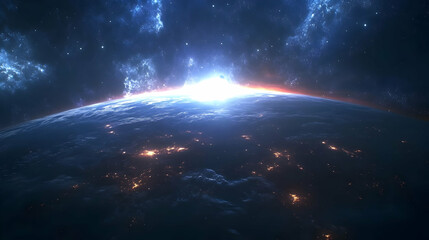 Earth from space with a bright sun rising above the horizon and twinkling stars.