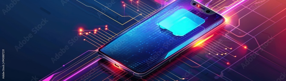Poster futuristic smartphone embedded in digital circuit board with vibrant glowing elements, representing 