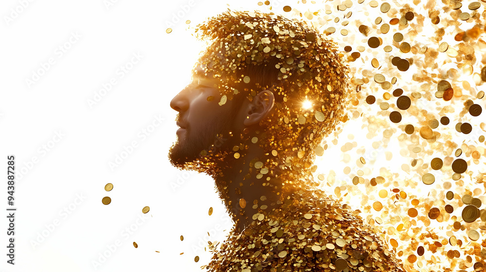Poster 3d icon person showered in coins concept as a person being showered in gold coins with a clean backg