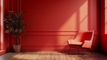A cozy red room featuring a stylish armchair and a potted plant, emphasizing comfort and design.