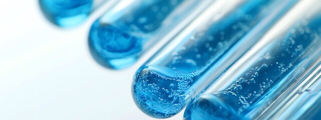 A close-up of test tubes filled with blue liquid, arranged on an industrial shelf in the laboratory. The focus is on one tube that contains a light turquoise and white gradient color liquid