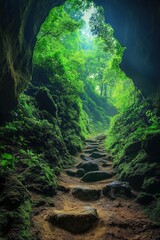 A tunnel in the forest with green moss growing on the rocks.