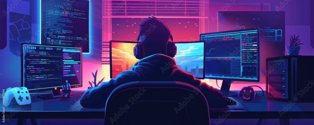Poster gamer or programmer working at a futuristic setup with multiple screens, neon lighting, and gaming a
