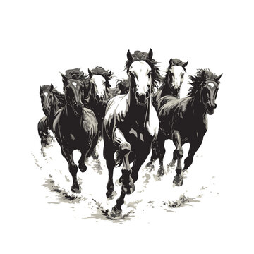 Herd of galloping horses captured in a monochrome vector style, showcasing their power and energy as they run towards the viewer, creating a dynamic and striking visual effect