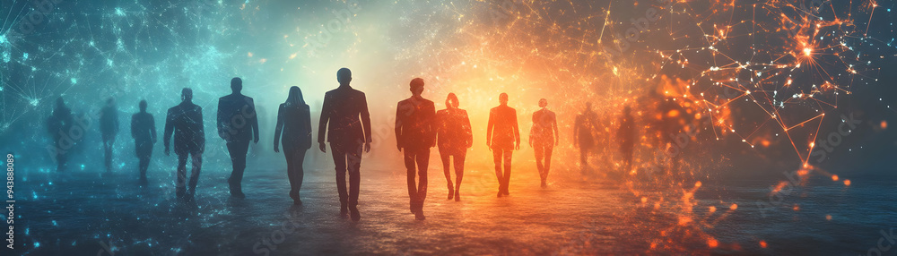 Aufkleber people with glowing pathways and joyful expressions concept as a group of people walking on glowing 