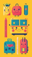 Naklejka premium A bright collection of playful education icons showcasing smiling school supplies and a happy school bus against a cheerful yellow backdrop