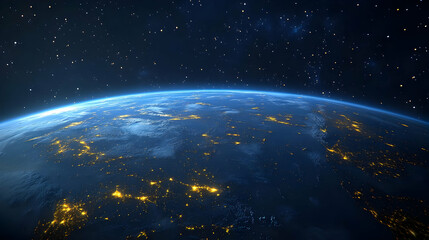 Earth from space with city lights and stars.