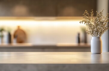 Minimalist Kitchen Interior with Dried Flowers in a Vase on a Countertop