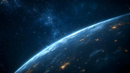 Obraz premium Earth from space with glowing city lights and starry sky.