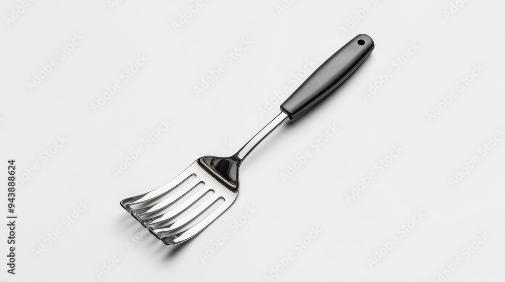 Poster a 3d simple style icon of a shiny metal spatula with a rubber handle resting on a clean white backgr