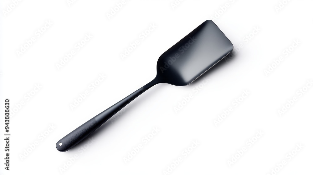 Poster a 3d simple style icon of a shiny metal spatula with a rubber handle resting on a clean white backgr