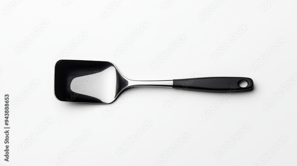Poster a 3d simple style icon of a shiny metal spatula with a rubber handle resting on a clean white backgr