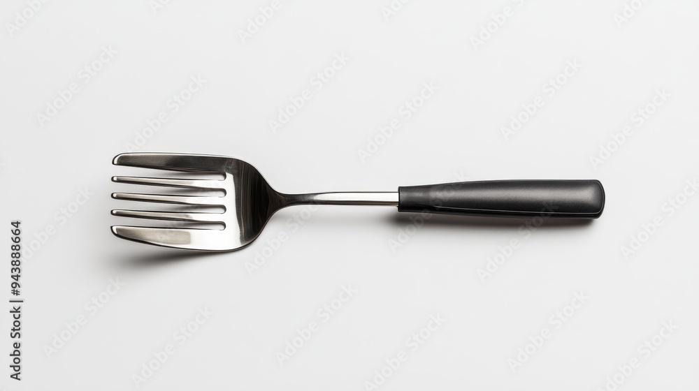 Poster a 3d simple style icon of a shiny metal spatula with a rubber handle resting on a clean white backgr
