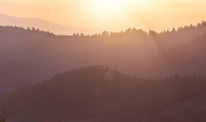 Majestic view of mountain hills with forest trees silhouettes in warm sunset light rays. June summer dusk background.